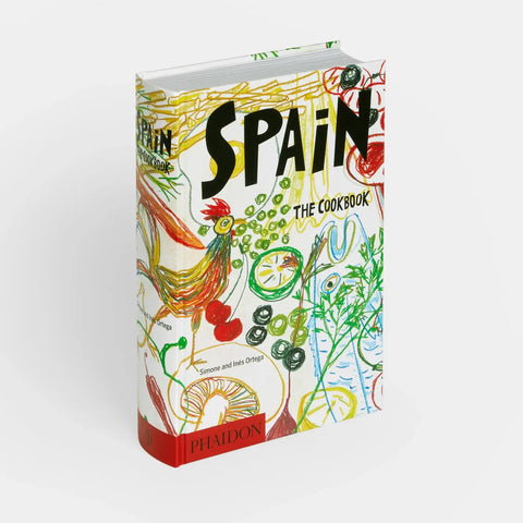 Book titled 'Spain: The Cookbook' with colorful design on a white background