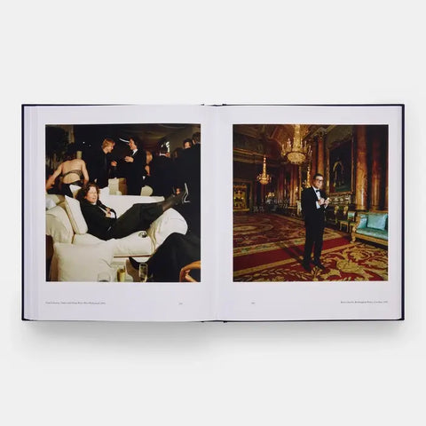 Open book showing two photographs of a formal event in an opulent room.