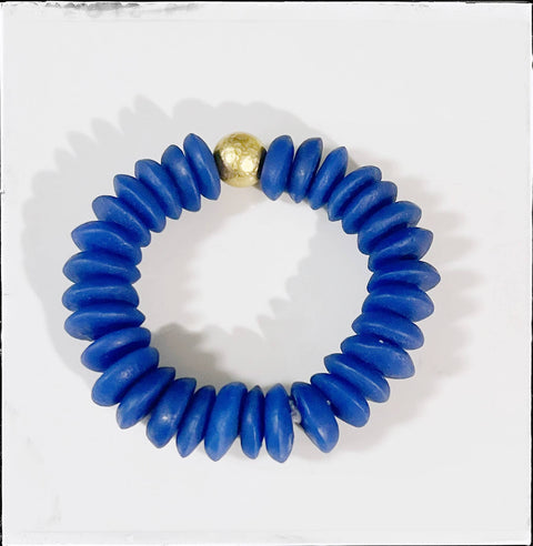 Blue Ashanti Glass Bead Stretch Bracelet Brass Charm Gold