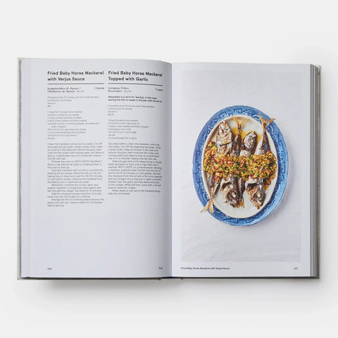 Open cookbook showing a plate of food with text on a white background