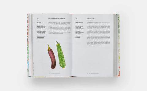 Open book showing a recipe with images of vegetables on a white background