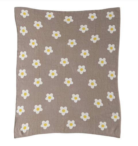 Cotton Knit Throw with Flowers