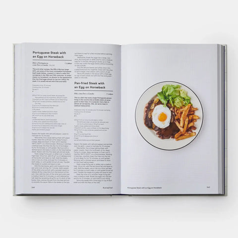 Open cookbook showing a recipe for Pan-fried Steak with an Egg on Horseback
