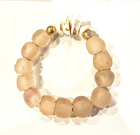 Natural Shell & Recycled Glass Bead Stretch Bracelet- Pink