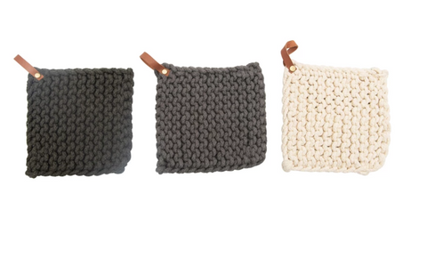 Crocheted Cotton Pot Holder with Leather Loop