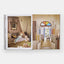 Open book showing two interior design images: a living room with a person lounging on a sofa and a colorful door.