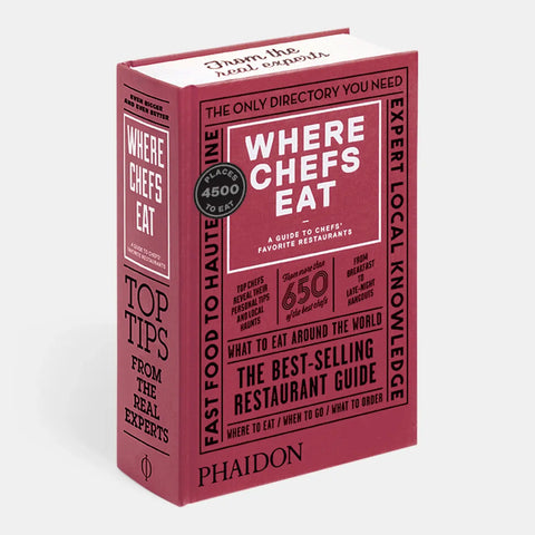 Red book titled 'Where Chefs Eat' by Phaidon on a white background
