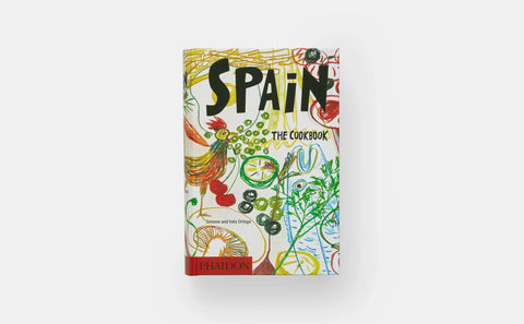 Cookbook titled 'Spain: The Cookbook' with colorful illustrations on a white background