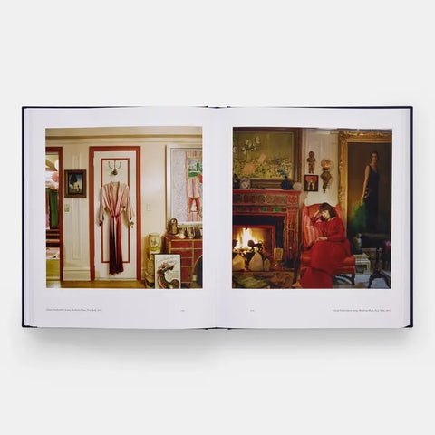 Open book showing two interior scenes with a person in a red dress.