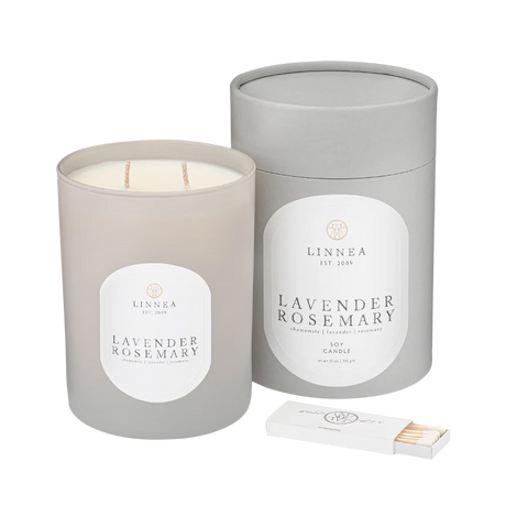 Gray glass candle with container and signature matchbox