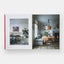 Open book showing interior design images of a living room and dining area.