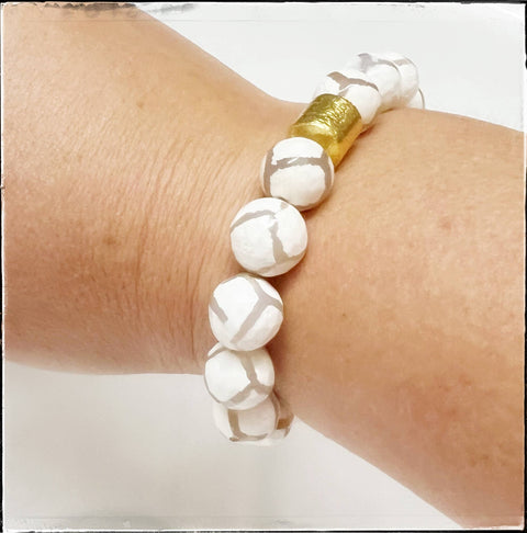 Tibetan Agate Giraffe Dzi Gemstone Beaded Stretch Bracelet