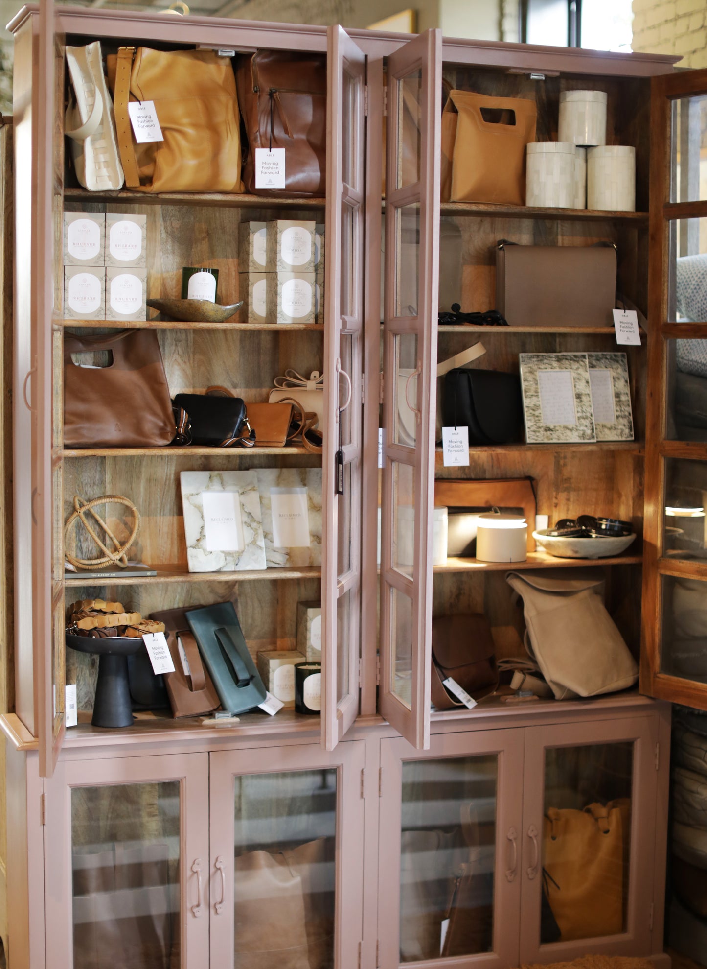 Wood & Glass Cabinet w/ 8 Doors and 8 Shelves