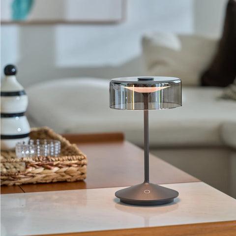 Crystal Gray cordless lamp styled on a tabletop