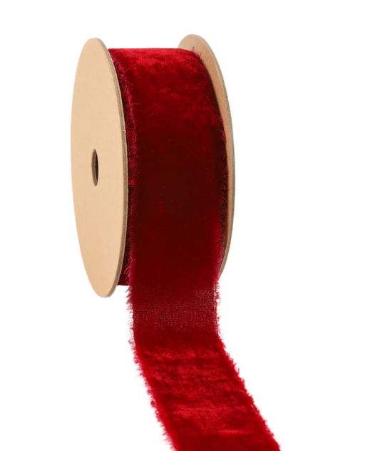 Torn Faux Velvet Ribbon - Cranberry