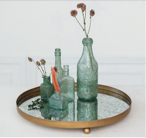 Metal Footed Antiqued Mirror Tray