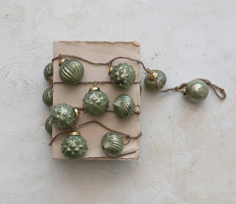 Embossed Mercury Glass Ball Ornament Garland - Green
