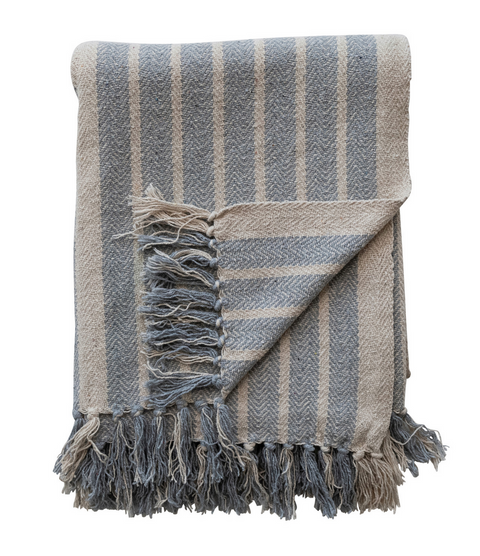 Woven Recycled Cotton Blend Throw with Fringe