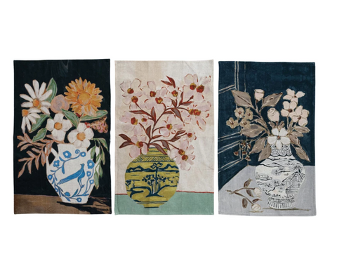 Cotton & Linen Tea Towel Printed with Flowers in Vase