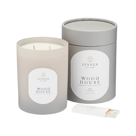 Wood House candle with packaging signature matchbox