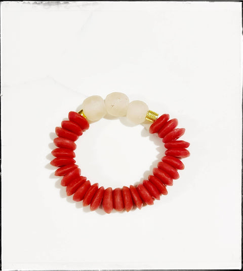 Ashanti Glass & Brass Bead Stretch Bracelet- Red & White