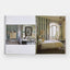 Open book showing a bedroom interior with green patterned wallpaper and a bed.