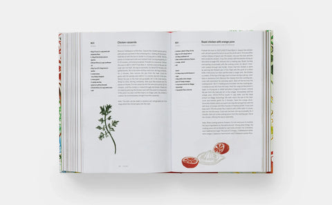 Open cookbook showing recipe pages with illustrations on a white background