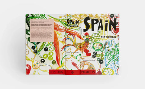 Colorful book titled 'Spain: The Cookbook' on a white background