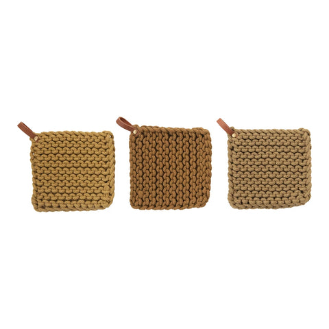 Crocheted Cotton Pot Holder with Leather Loop