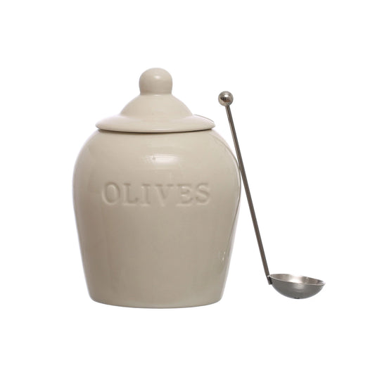 4" Stone Olive Jar w/ Slotted Spoon