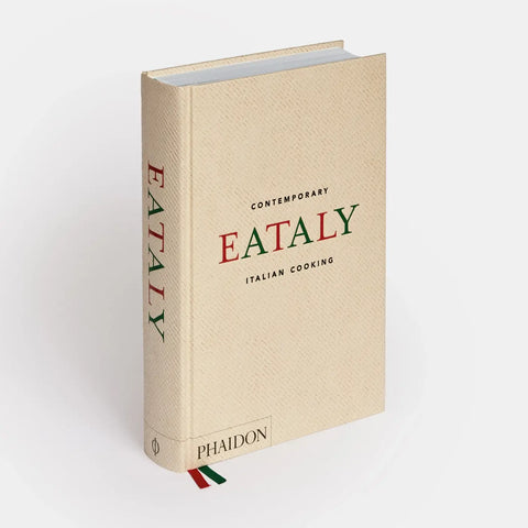 Beige book titled 'Eataly: Contemporary Italian Cooking' by Phaidon on a white background
