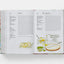Open book with recipe pages and illustrations on a white background