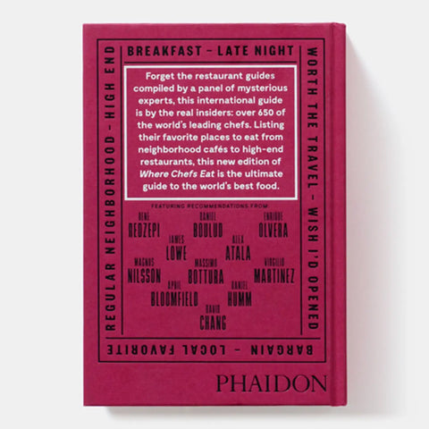 Red book titled 'Where Chefs Eat' by Phaidon on a white background