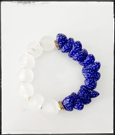 Recycled & Krobo Glass Bead Stretch Stacking Bracelet - Blue
