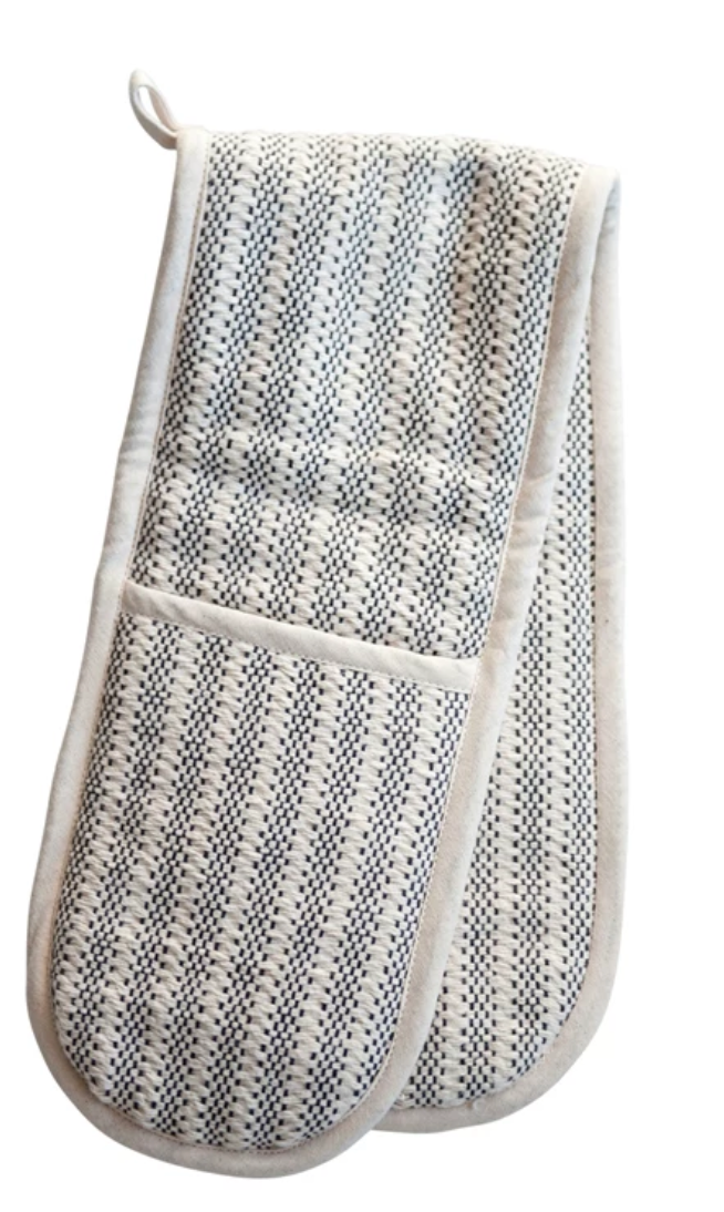 Grey & White Striped Cotton Double Mitt