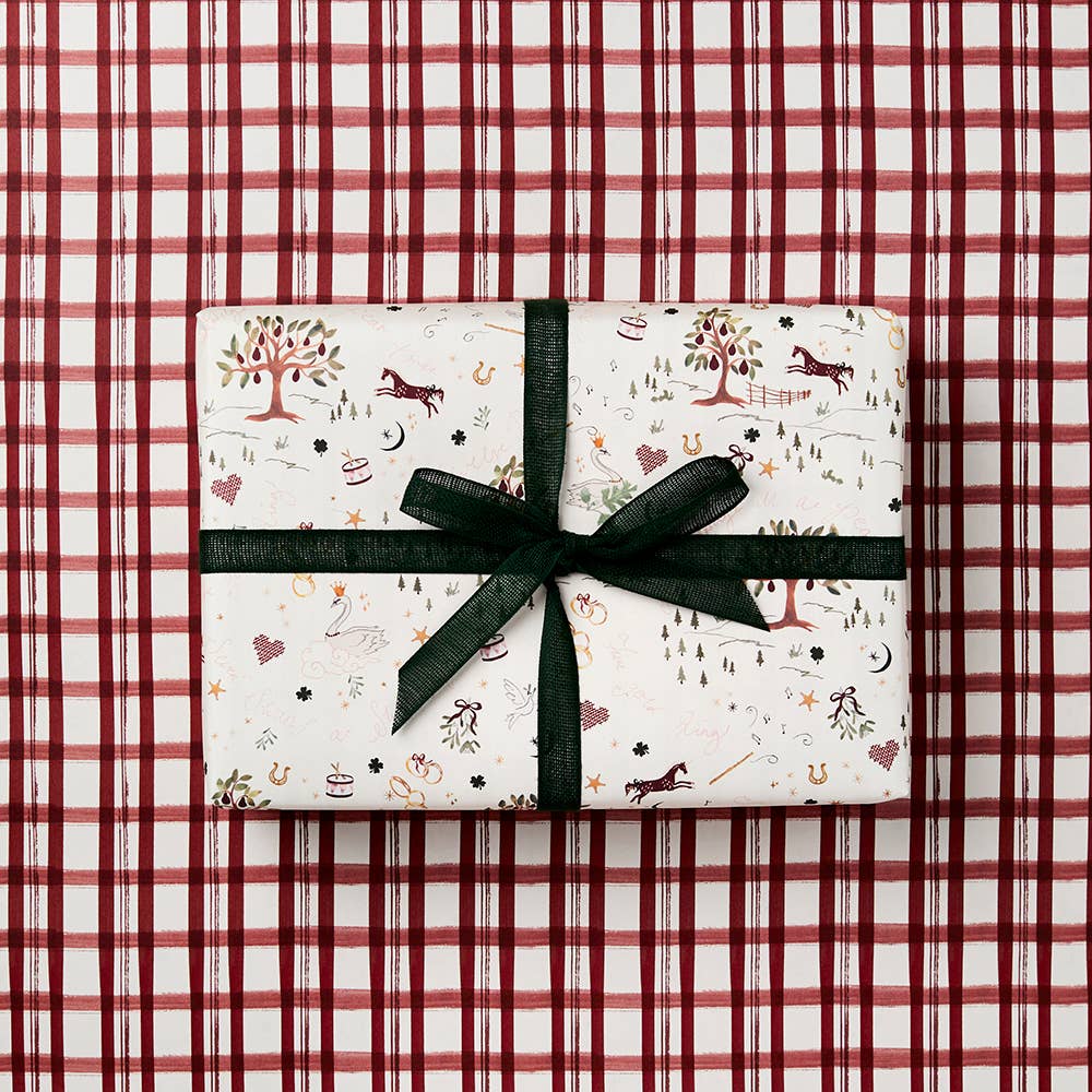 L&L 12 Days of Christmas Ivory & Red Check Wrapping Paper