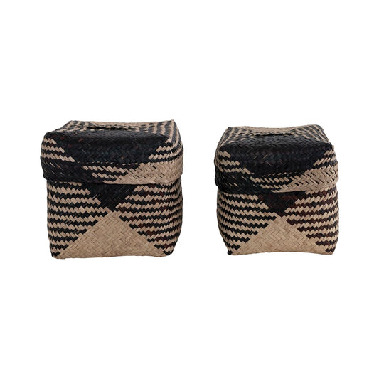 Black and Natural Hand-Woven Seagrass Boxes