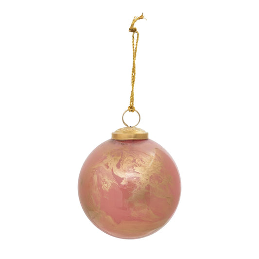 Round Glass Ball Ornament, Marbled Pink and Gold Finish